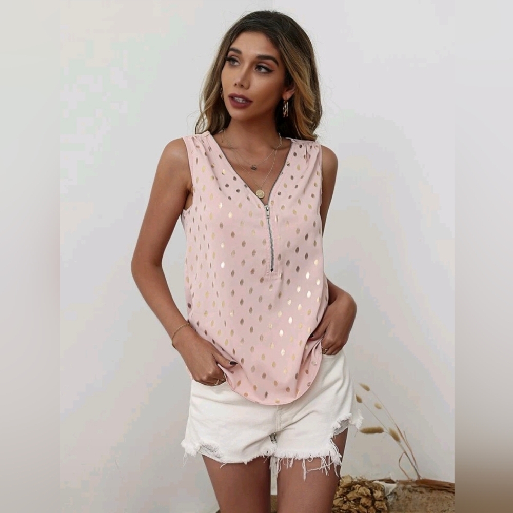 Peach Sleeveless Blouse with Gold Polka Dots